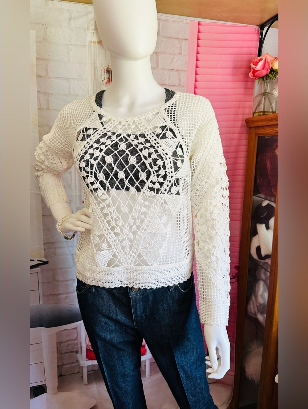 Ella Moss White Open Knit Crochet Boho Long Sleeve Sweater